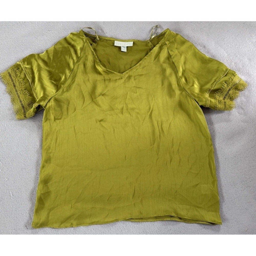 Ryegrass Satin Short Lacey Sleeve Blouse Womens S Chartreuse Green Romantic Chic - Picture 2 of 11